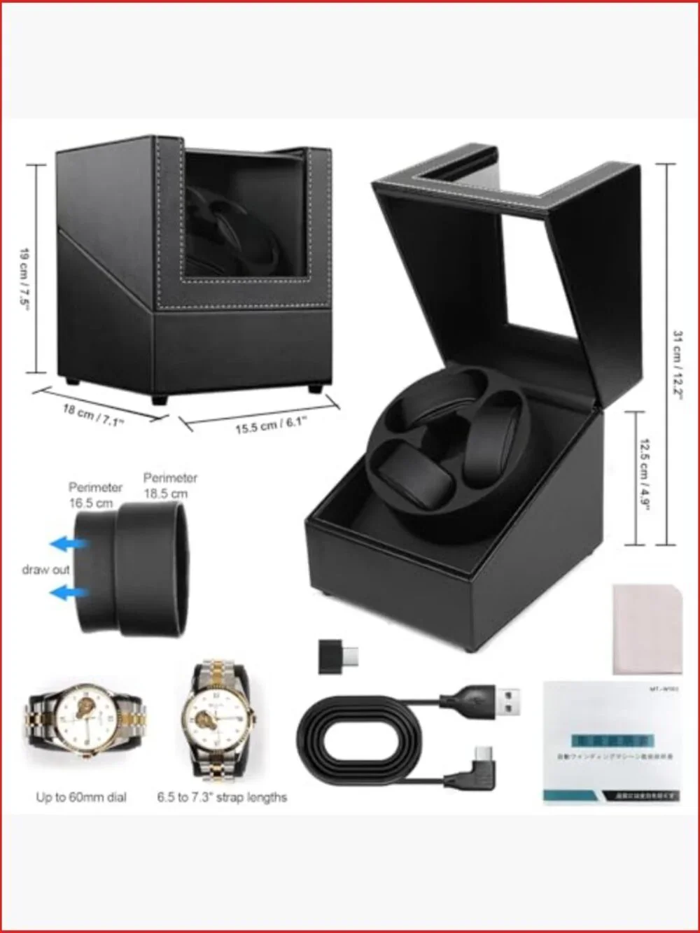 3 Watch Winder with LED Light, Japanese Quiet Motor, 4 Rotation Modes